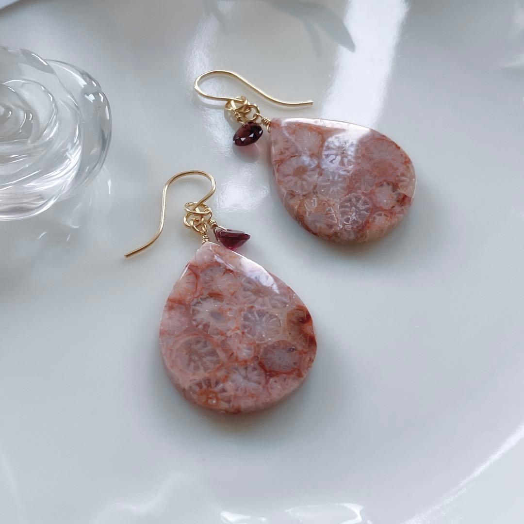 一点物✧ピンクフォッシルコーラル×ジェムカットガーネットピアス✧2Way