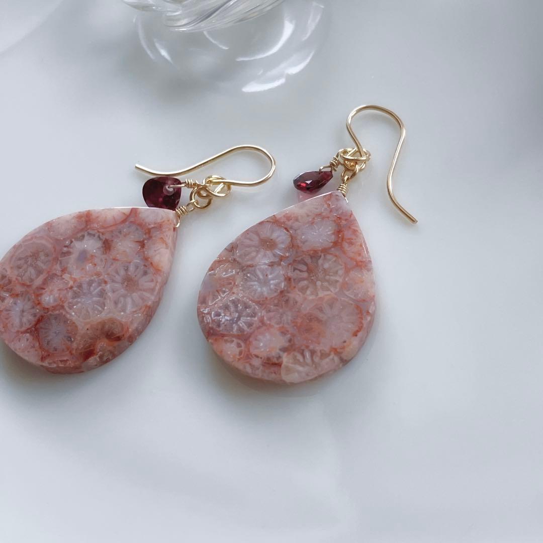 一点物✧ピンクフォッシルコーラル×ジェムカットガーネットピアス✧2Way