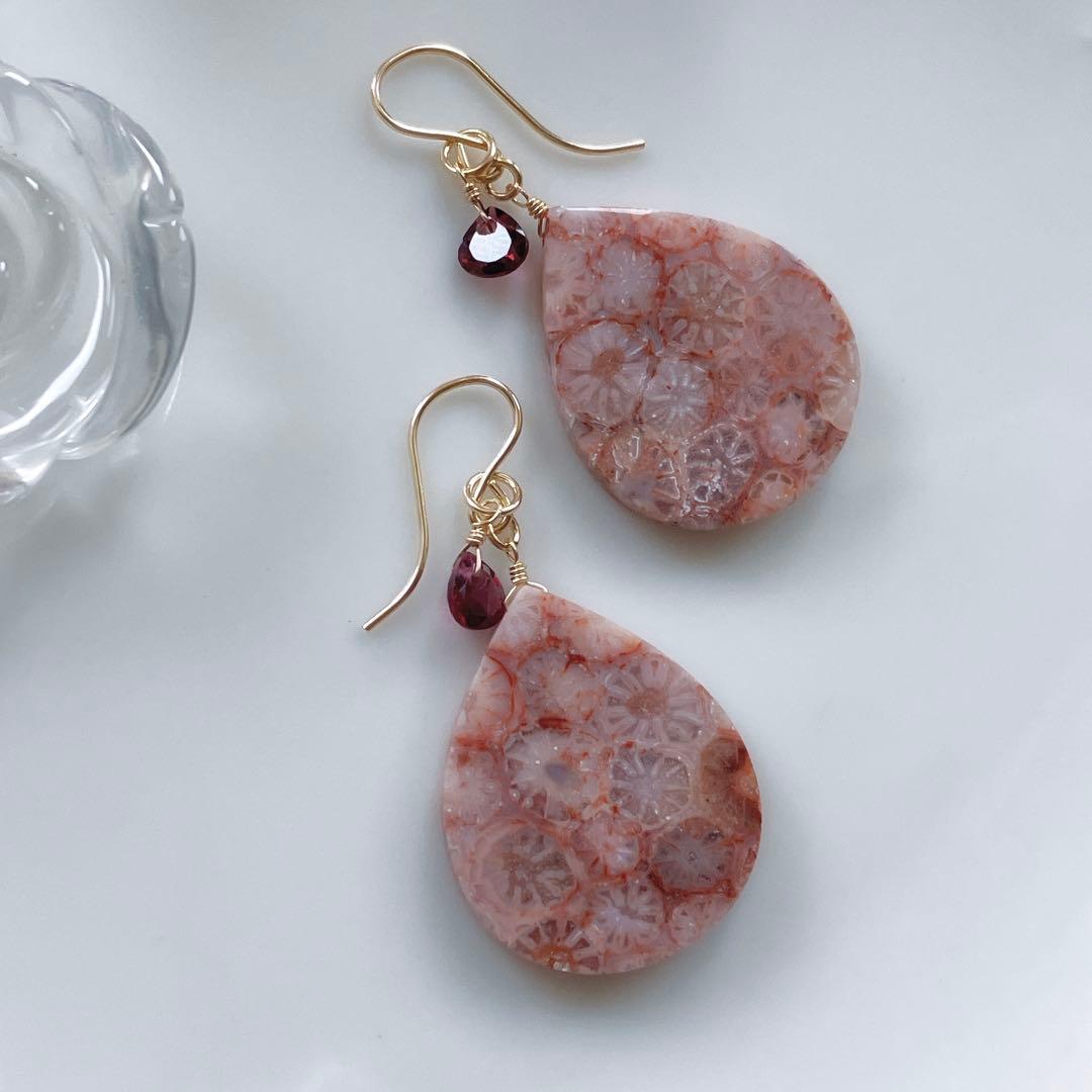 一点物✧ピンクフォッシルコーラル×ジェムカットガーネットピアス✧2Way
