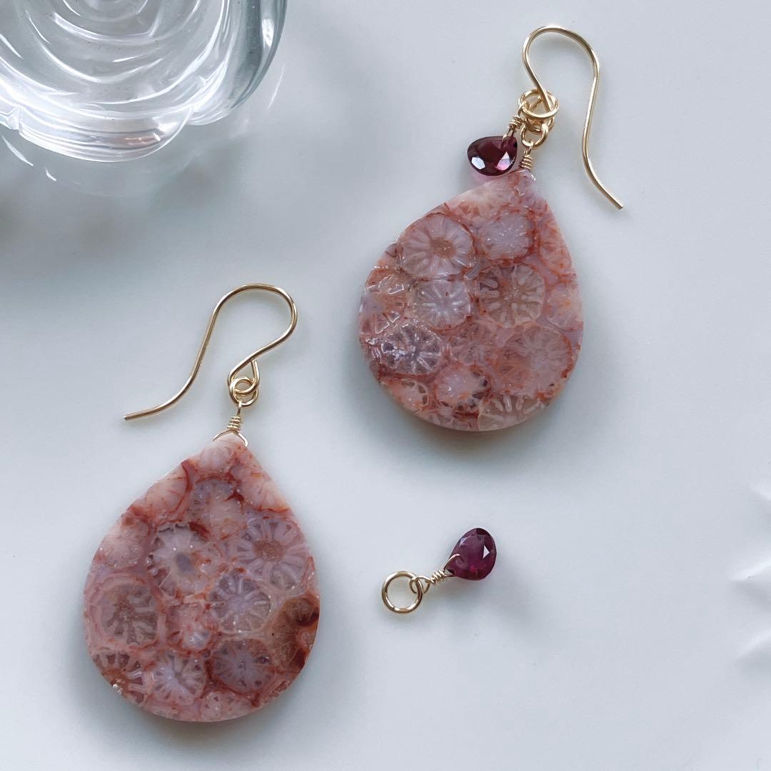 一点物✧ピンクフォッシルコーラル×ジェムカットガーネットピアス✧2Way