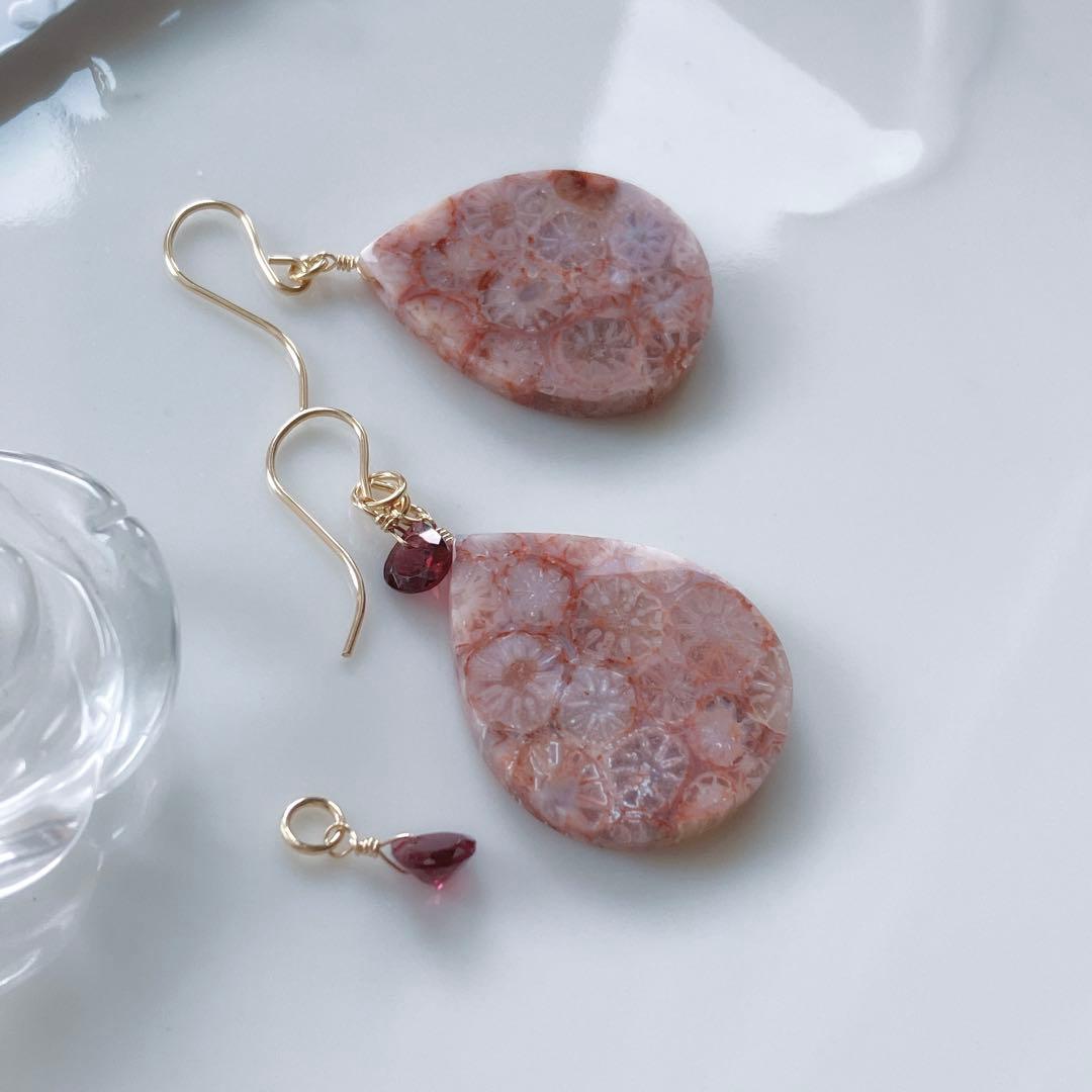 一点物✧ピンクフォッシルコーラル×ジェムカットガーネットピアス✧2Way