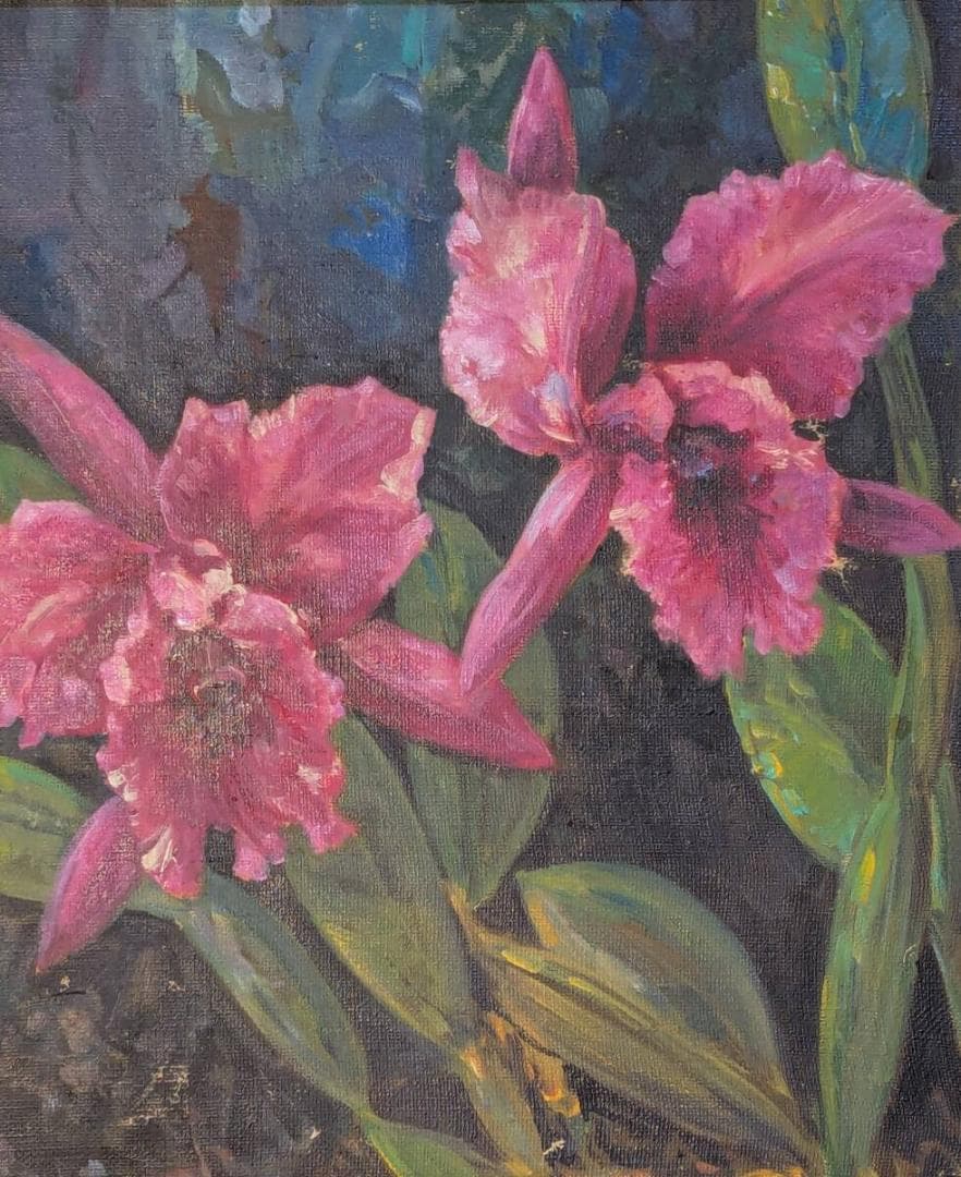 【真作】絵画　油彩8号　ピンクの蘭（カトレア）　花の絵　額装　Z125