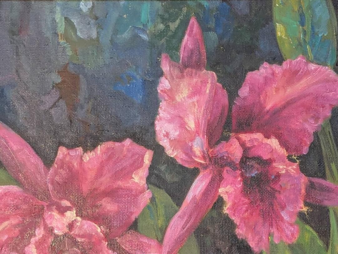 【真作】絵画　油彩8号　ピンクの蘭（カトレア）　花の絵　額装　Z125