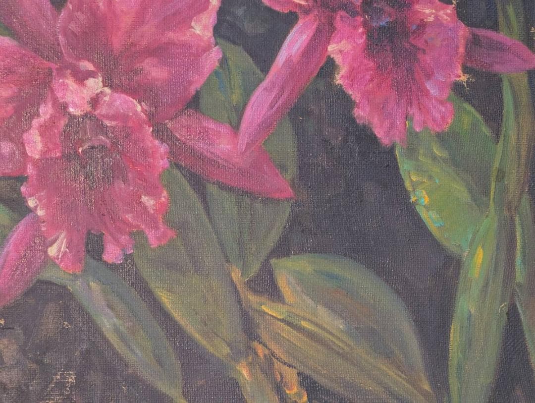 【真作】絵画　油彩8号　ピンクの蘭（カトレア）　花の絵　額装　Z125