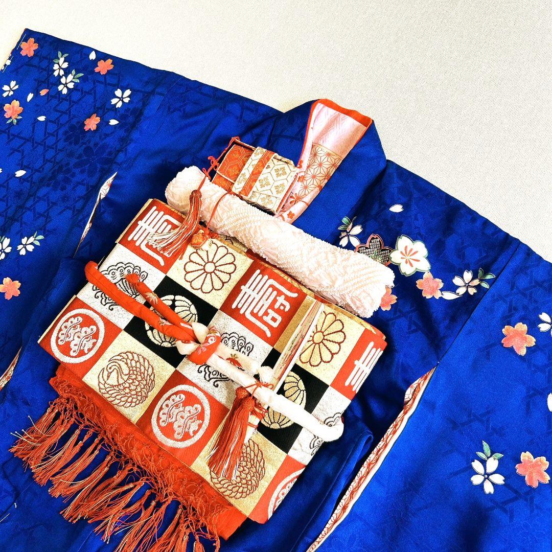 美品正絹　フルセット　七五三　７歳女の子　着物＆帯＆長襦袢＆小物セット　青×赤