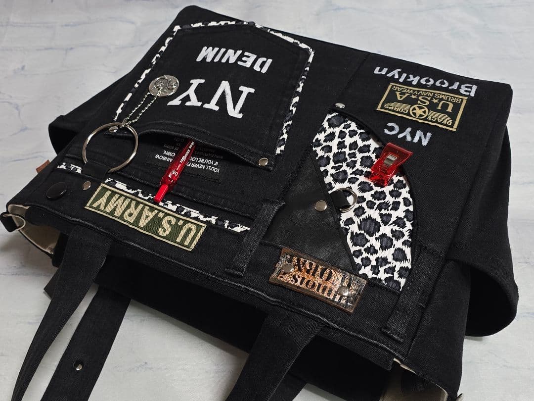 デニムリメイクトートバッグ 大きめ上部ファスナー