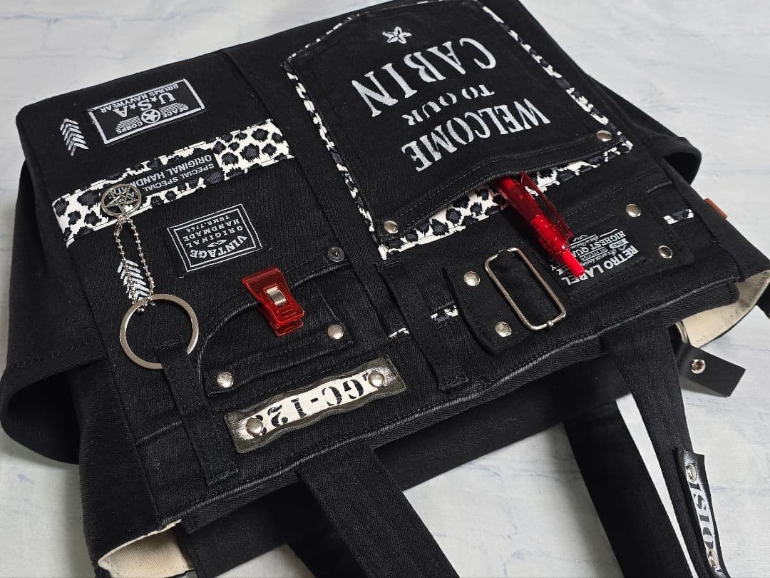 デニムリメイクトートバッグ 大きめ上部ファスナー