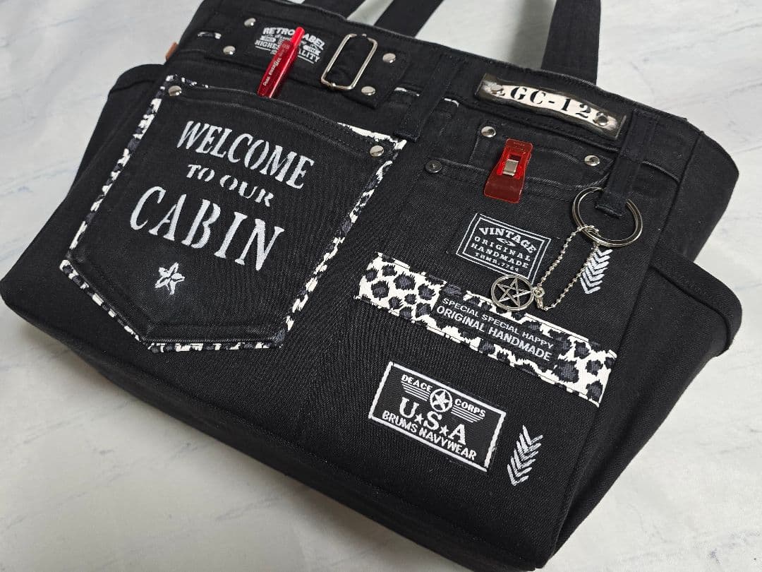 デニムリメイクトートバッグ 大きめ上部ファスナー