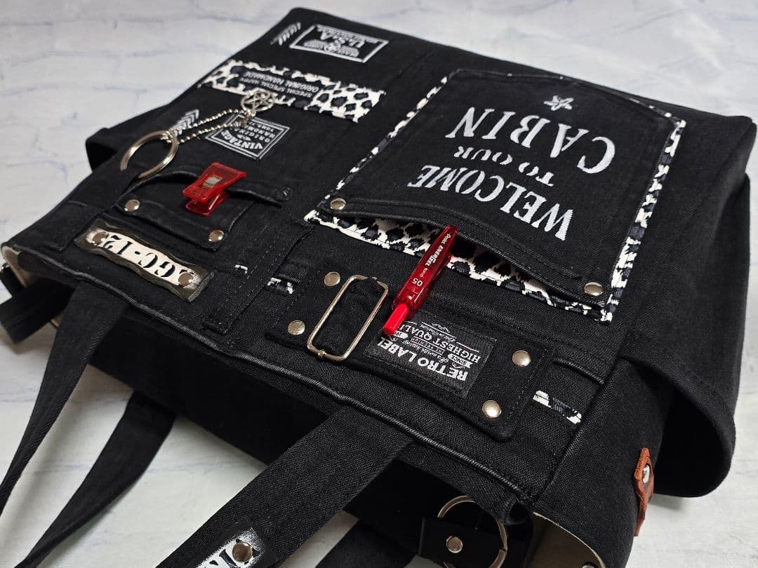 デニムリメイクトートバッグ 大きめ上部ファスナー