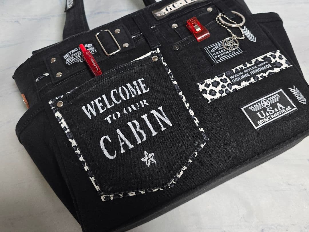 デニムリメイクトートバッグ 大きめ上部ファスナー