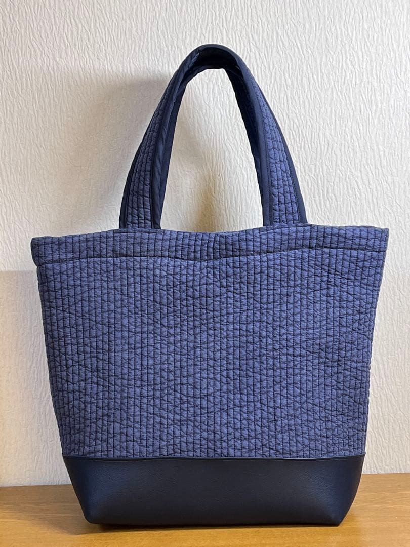 ヌビ生地×合皮/刺繍トートバッグ　紺色