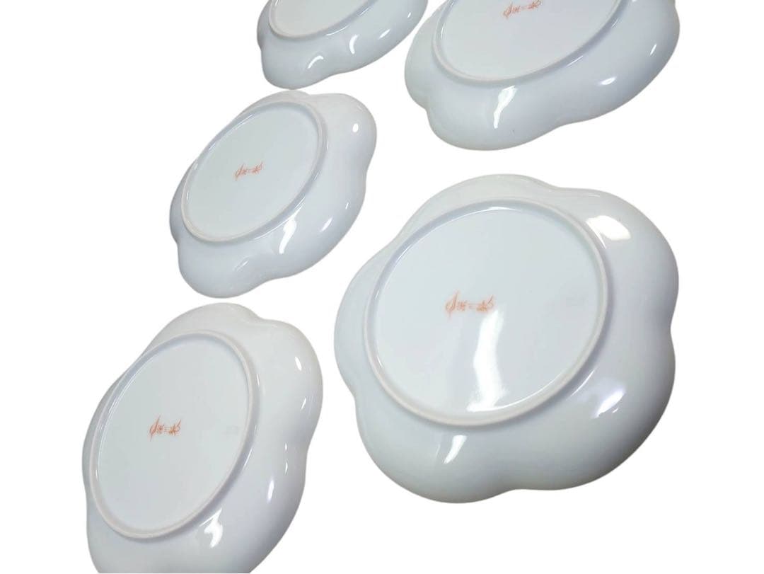 未使用　希少　深川製磁　寿赤絵梅型銘々皿揃 5枚セット