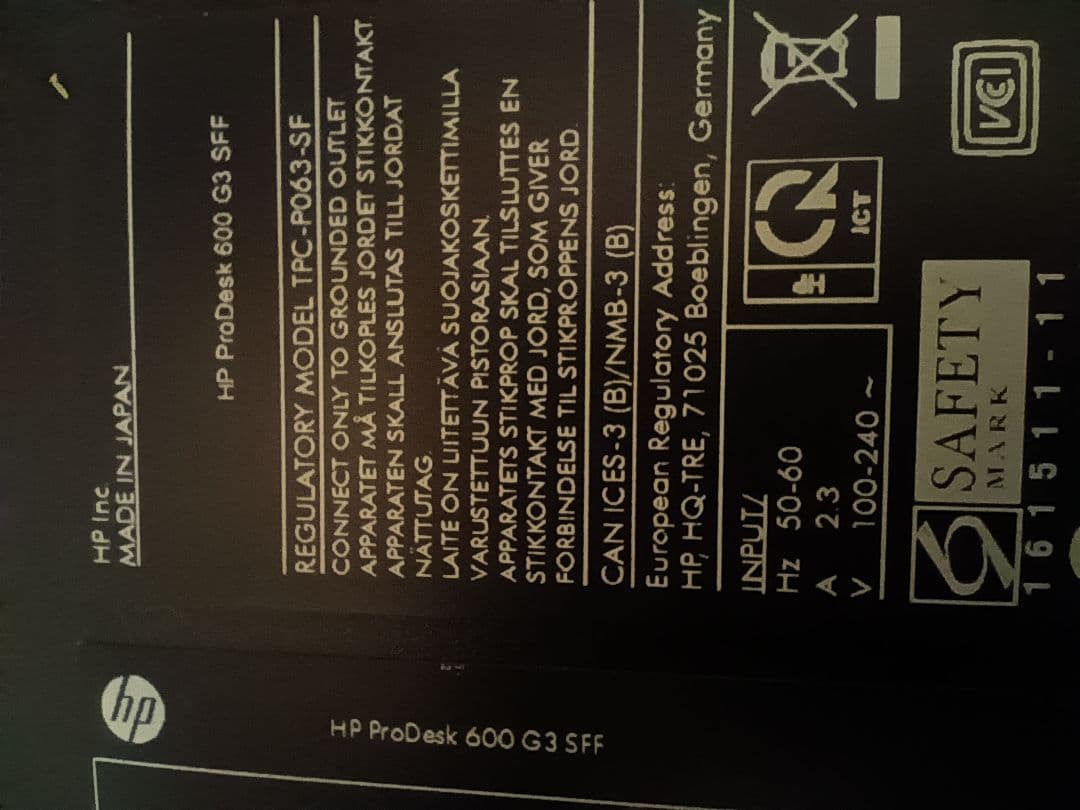 HP デスクトップPC　ProDesk 600 G3 sff