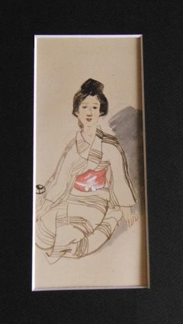竹久夢二、【座せる女】、希少な大判額装用画集より、美品、新品額装付