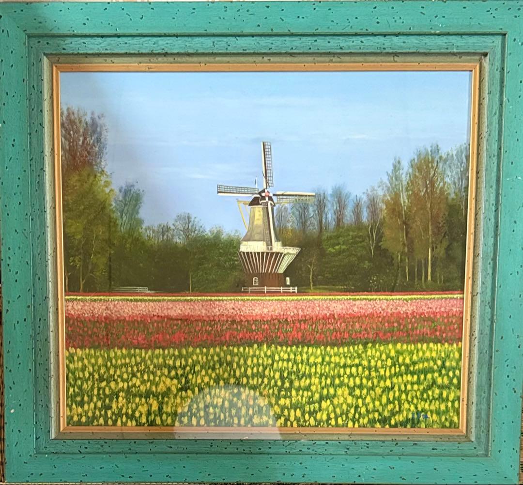 風車とチューリップ畑の油彩画