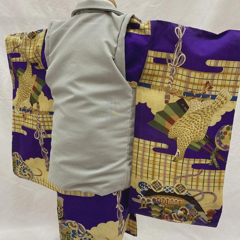 510ab3◎七五三 三歳 男の子 アンティーク着物&被布 レトロ 濃紫◎