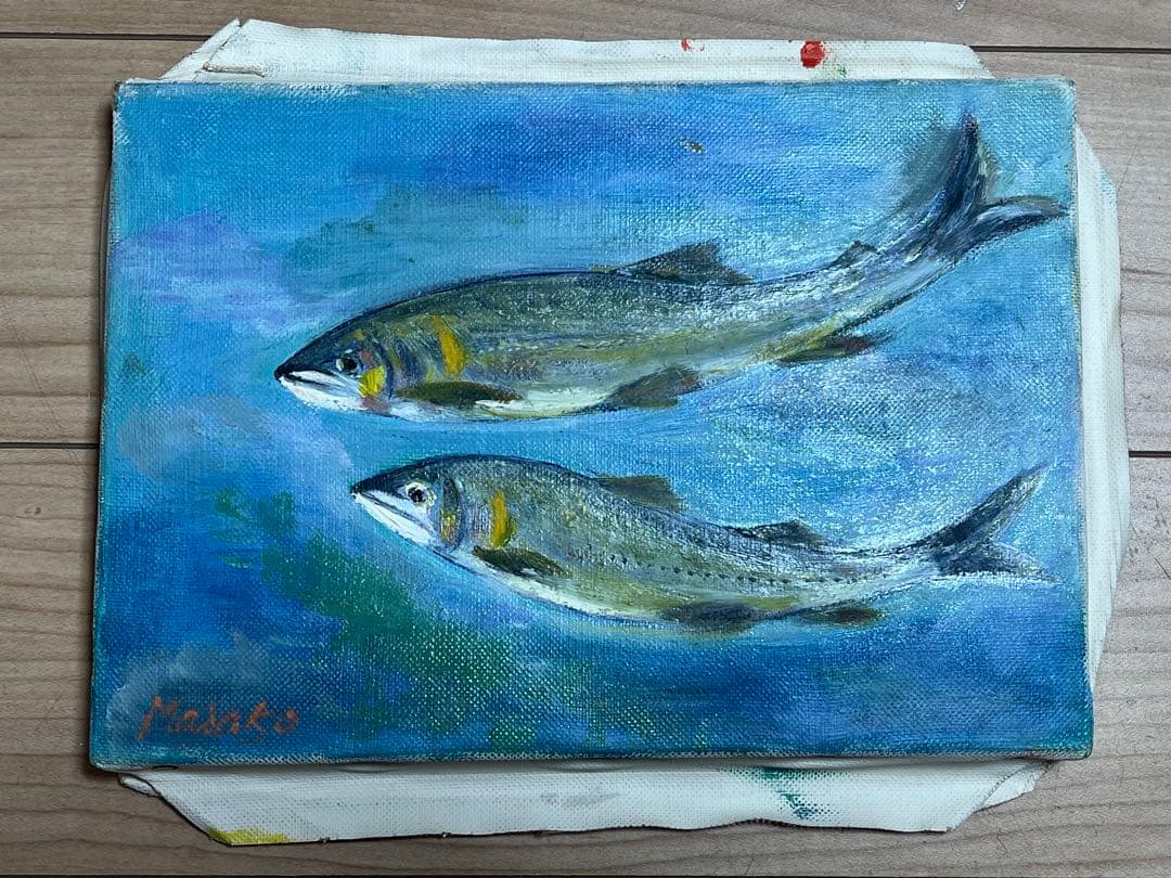 鮎 淡水魚 川魚 油絵 油彩 肉筆 「Masako」サイン有り