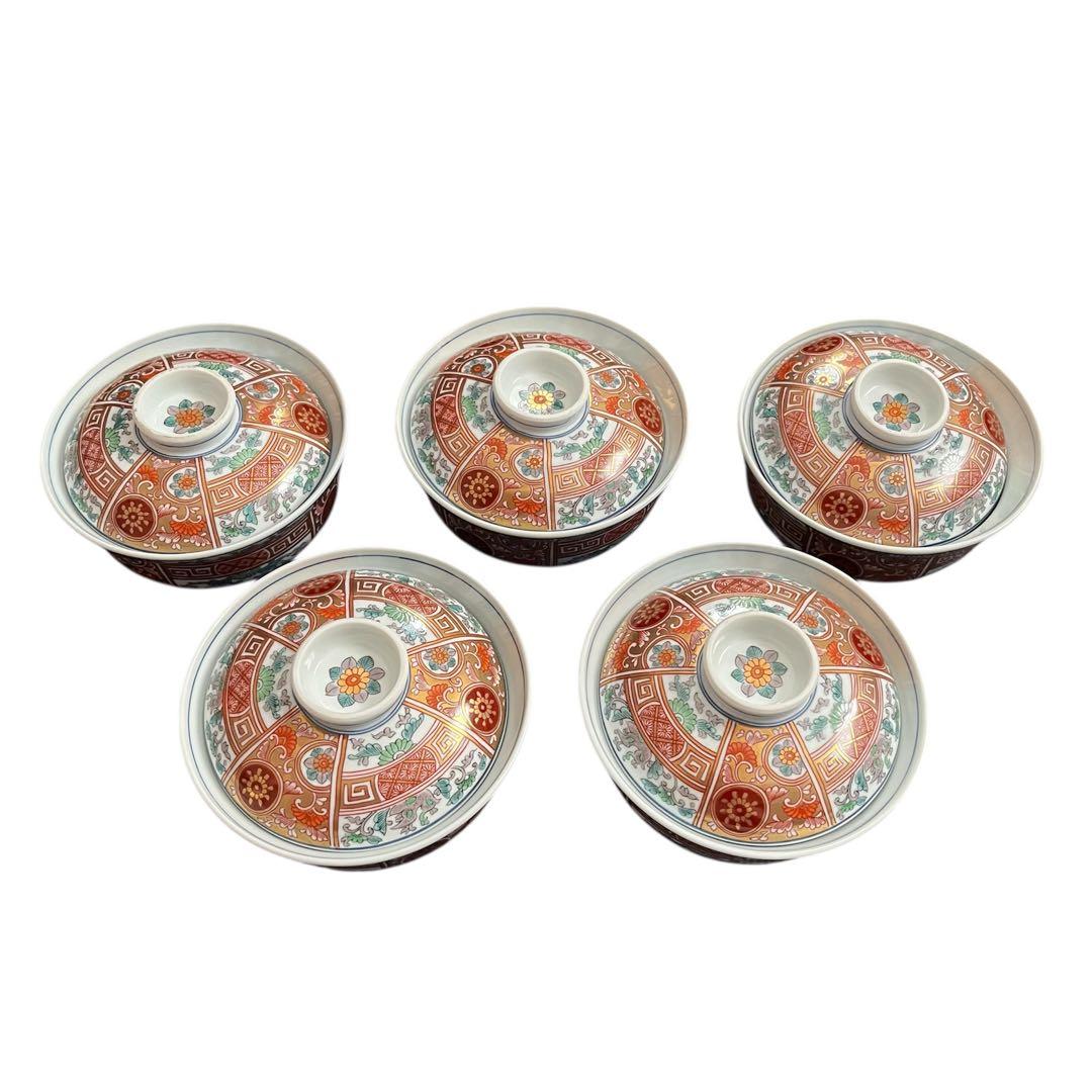 【美品】九谷焼 蓋付き丼 5客セット 金彩 色絵 和食器 煮物碗 蓋物