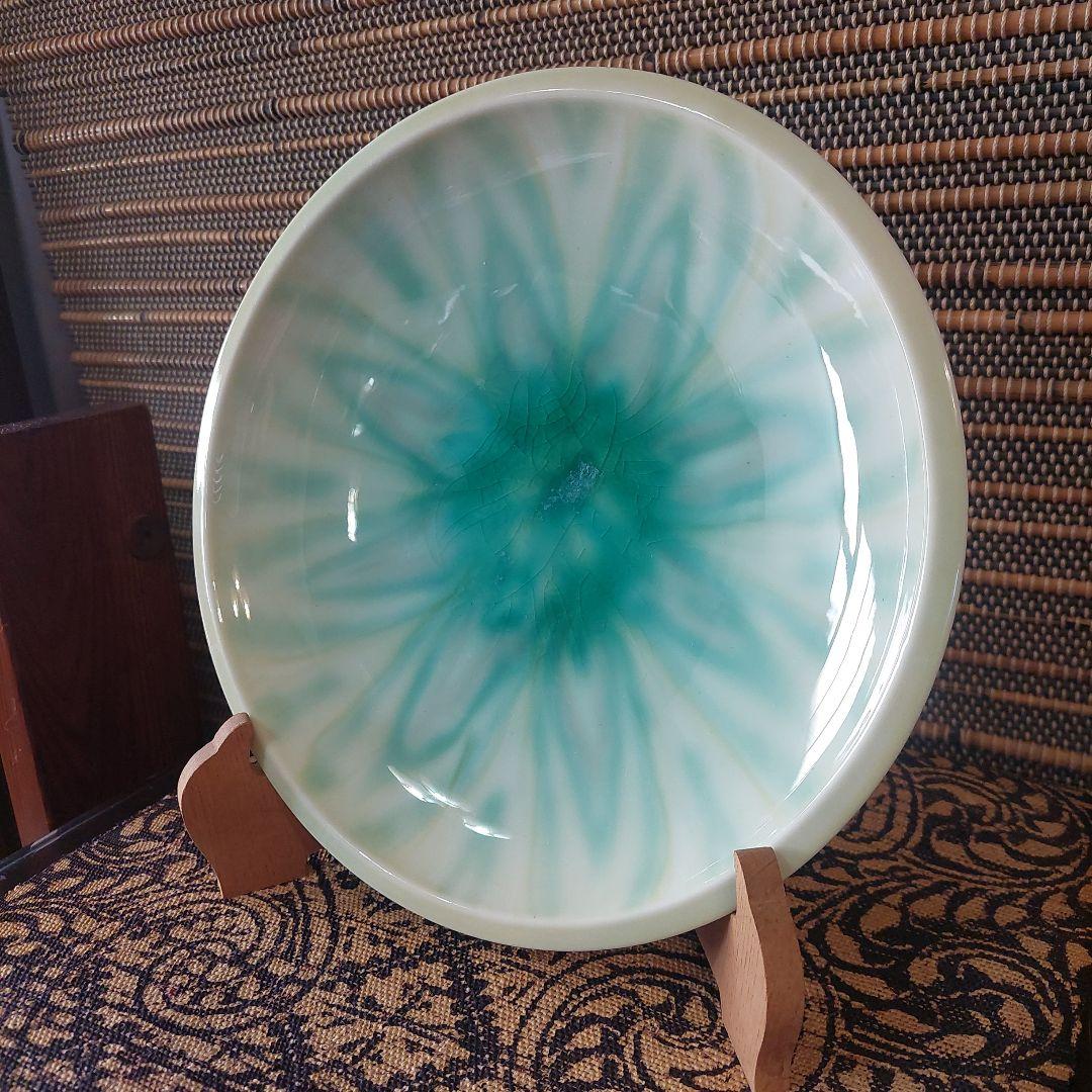 辻輝子⭐女流陶芸家⭐飾り皿⭐グリーングラデーション⭐直径24.5cm