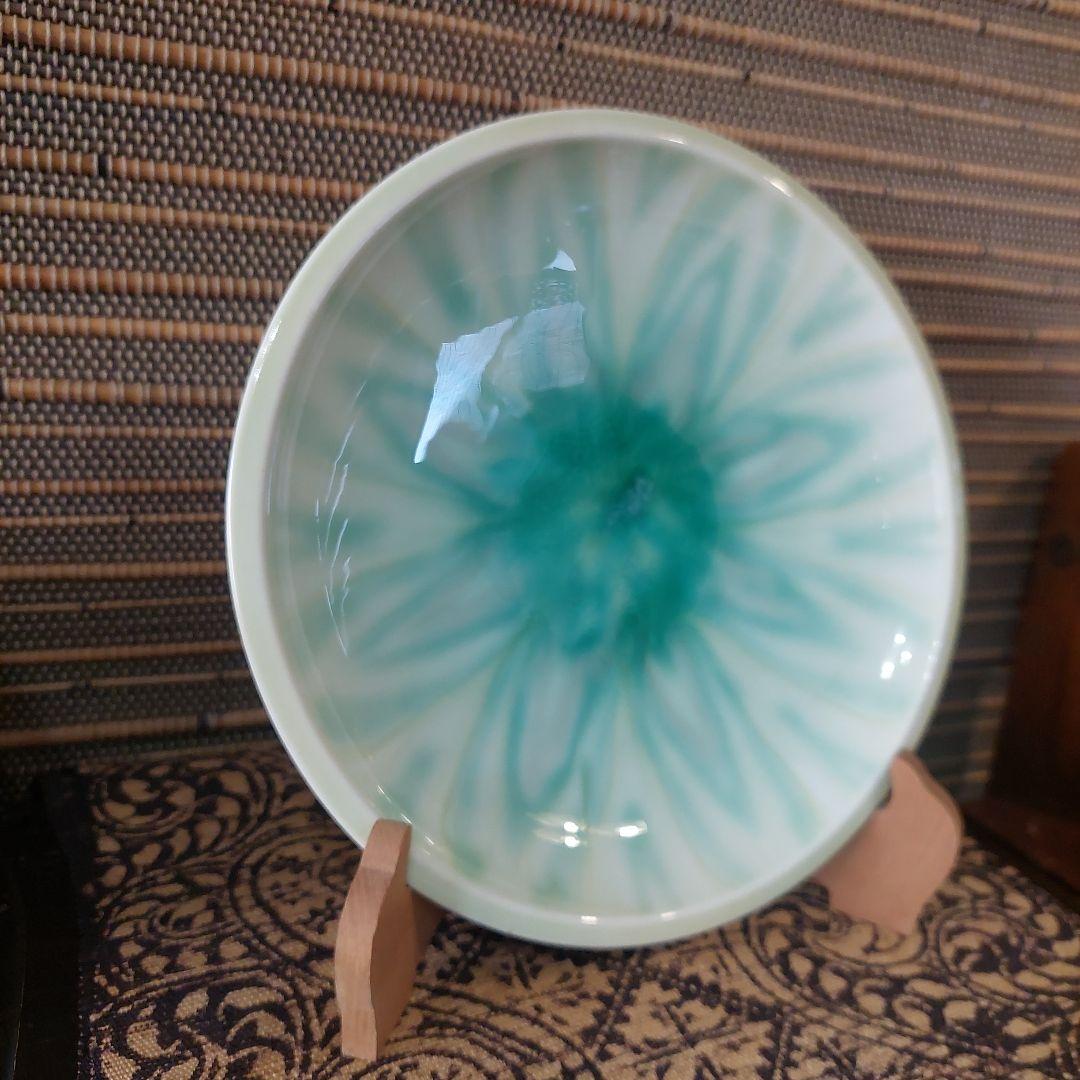 辻輝子⭐女流陶芸家⭐飾り皿⭐グリーングラデーション⭐直径24.5cm