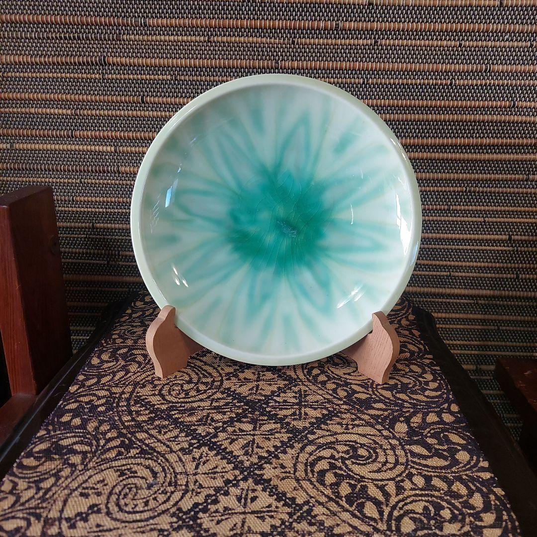 辻輝子⭐女流陶芸家⭐飾り皿⭐グリーングラデーション⭐直径24.5cm