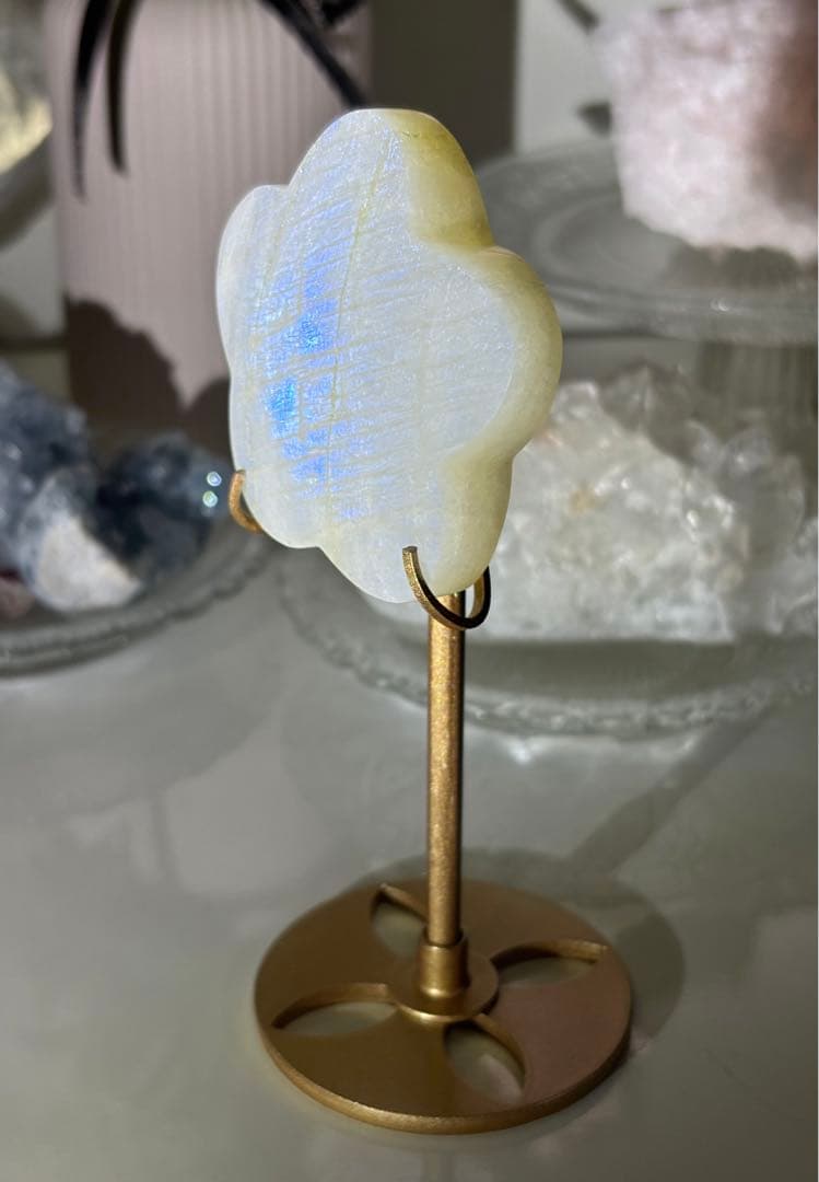高品質　ムーンストーン　お花　フラワー　強シラー　スタンド付き