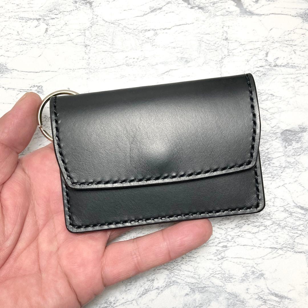 本革 総手縫い イタリアンレザー キーリング付き ミニ財布 黒 カードケース 鍵