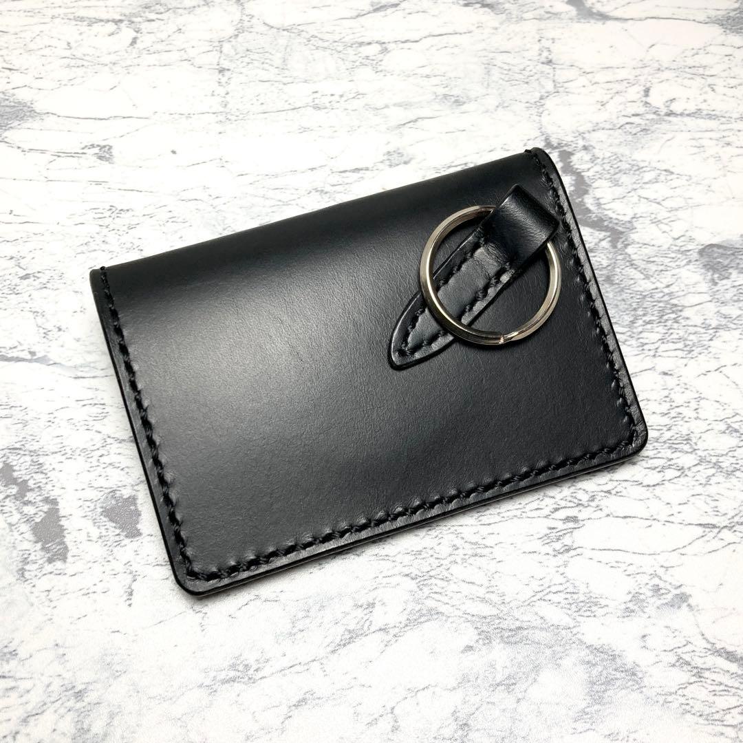 本革 総手縫い イタリアンレザー キーリング付き ミニ財布 黒 カードケース 鍵