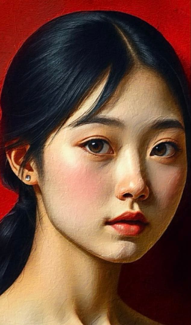 オリジナルハンドメイド絵画・リアリズム 女性画 赤背景