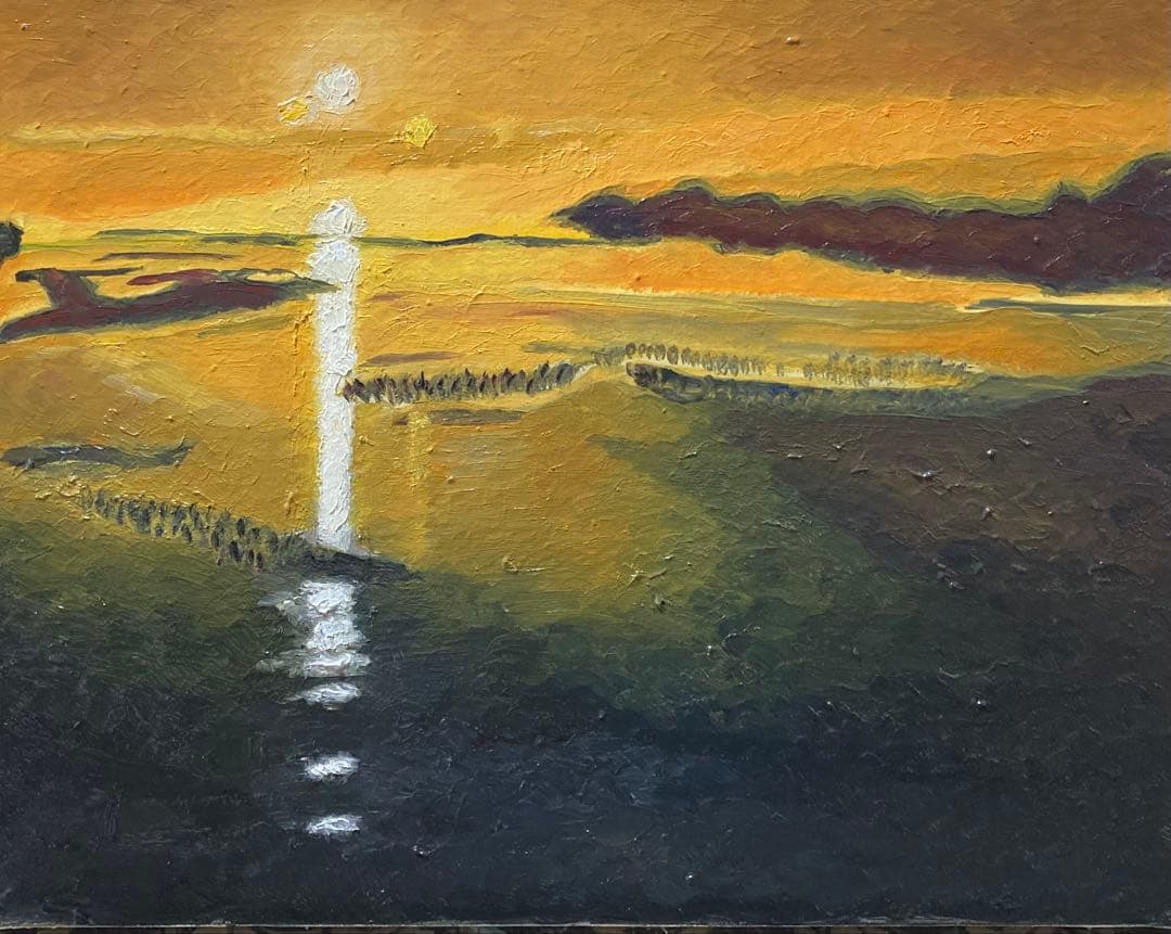 油彩画　斐伊川夕景　絵画のみＦ６号