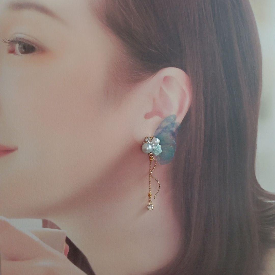 ♡ハンドメイド♡ビジューピアスorイヤリング№398シフォンバタフライ