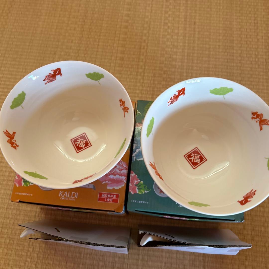 KALDI 桃と唐子のレトロ皿セット、どんぶりとれんげセット