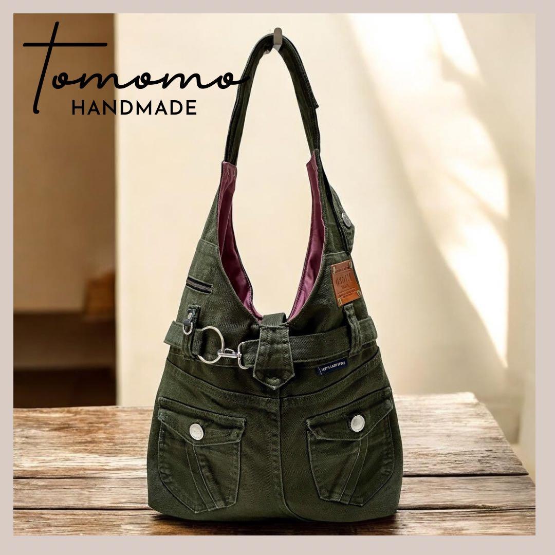 【ラムちゃん】デニムリメイク　肩がけワンショルダーバック　カーキ色デニム