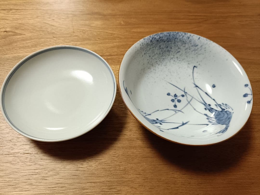 たち吉　染付海老絵　吹墨　白磁　蓋付き碗揃　5客