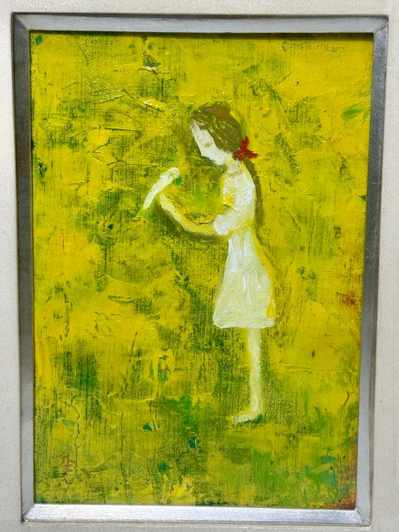 #杢田たけを『小鳥と少女』　油彩画　原画 直筆サイン