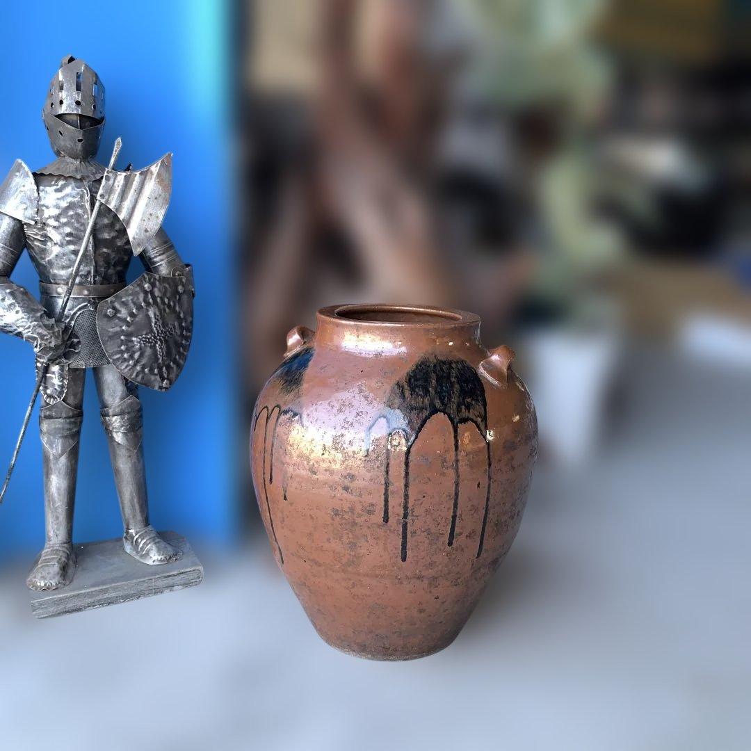 茶色の陶器製，百年灰釉双耳壺 特大32.6㎝ 日本古陶 古美術品 旧家収蔵品