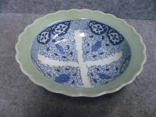 古伊万里 成化年製 青磁 染付 深鉢 [B31460]