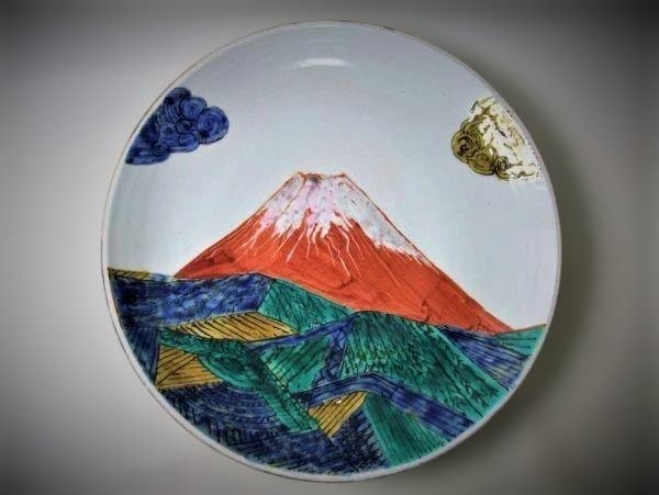 上絵赤富士 大皿「安藤康治」作 染付 未使用 富士山絵皿 陶器 木箱付き