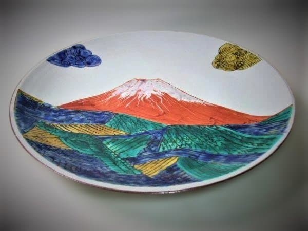 上絵赤富士 大皿「安藤康治」作 染付 未使用 富士山絵皿 陶器 木箱付き