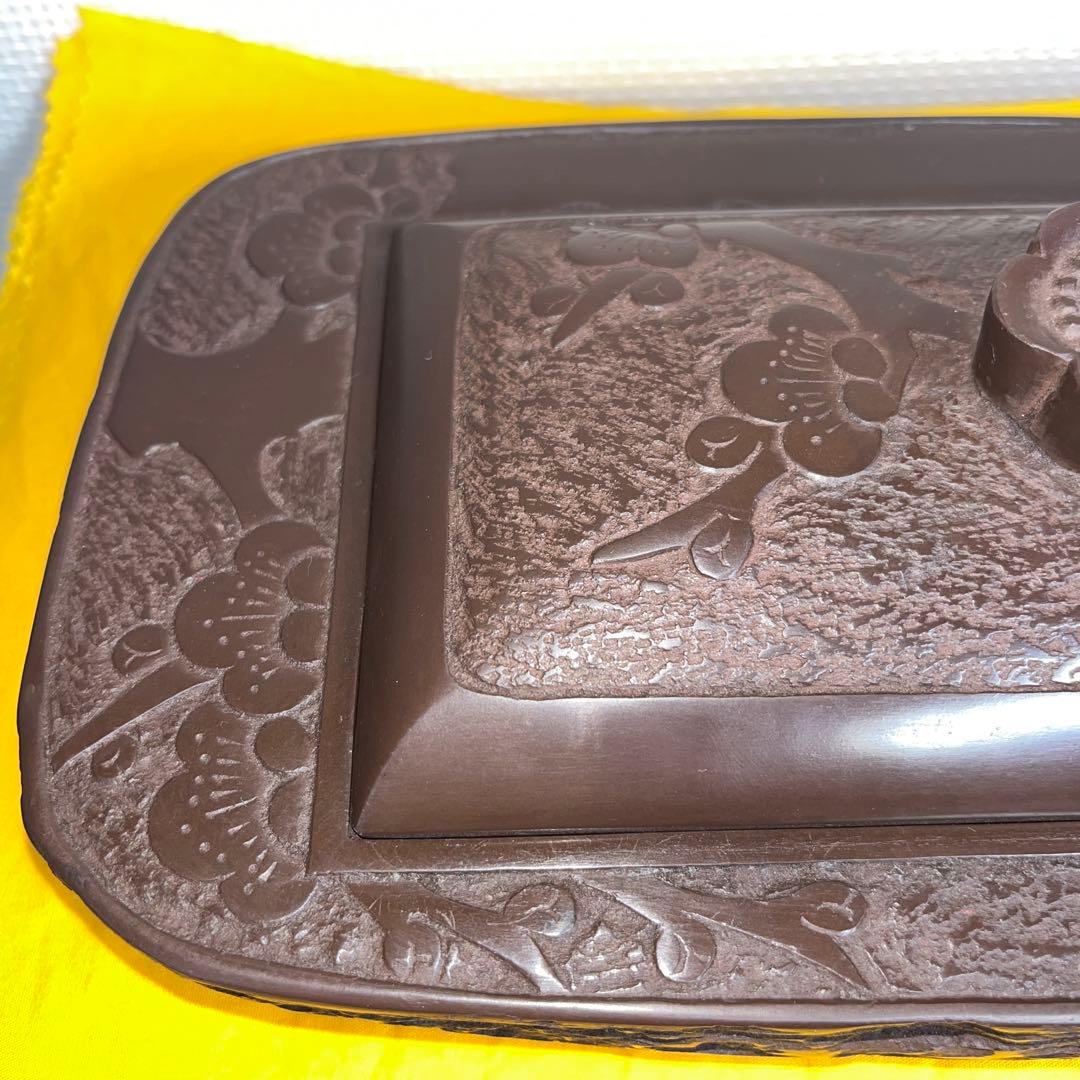 ⭕️赤間硯　大型共蓋付き硯　清風作　新品美品　梅花彫刻　20cm超え　墨持ち良い