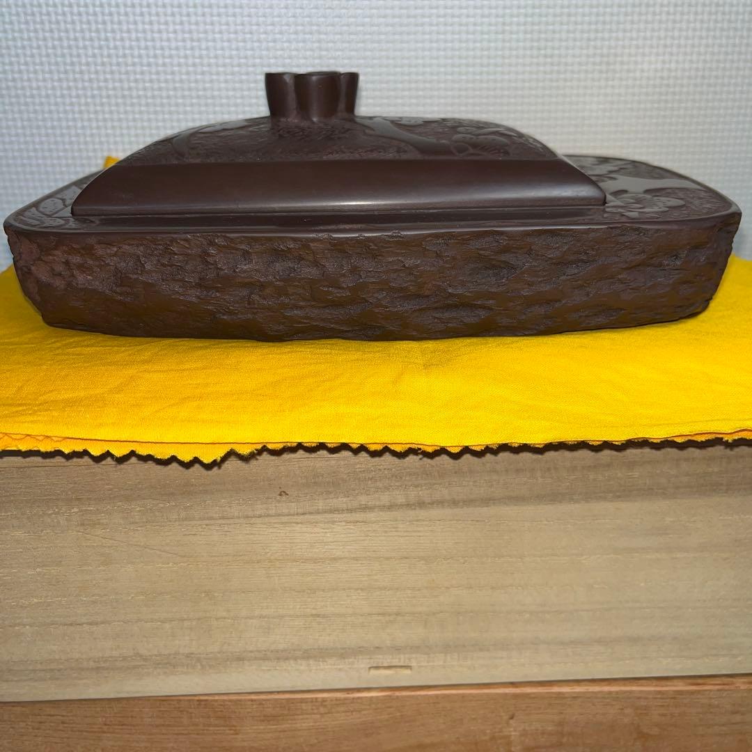 ⭕️赤間硯　大型共蓋付き硯　清風作　新品美品　梅花彫刻　20cm超え　墨持ち良い