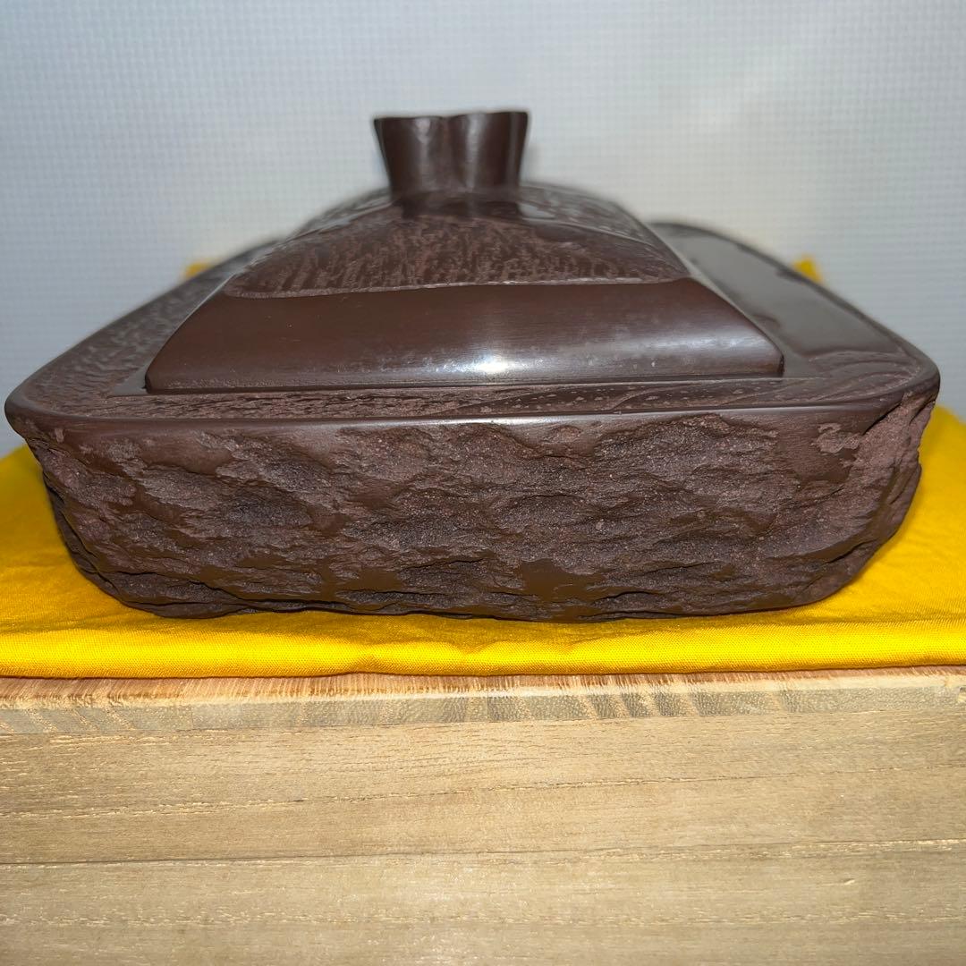 ⭕️赤間硯　大型共蓋付き硯　清風作　新品美品　梅花彫刻　20cm超え　墨持ち良い