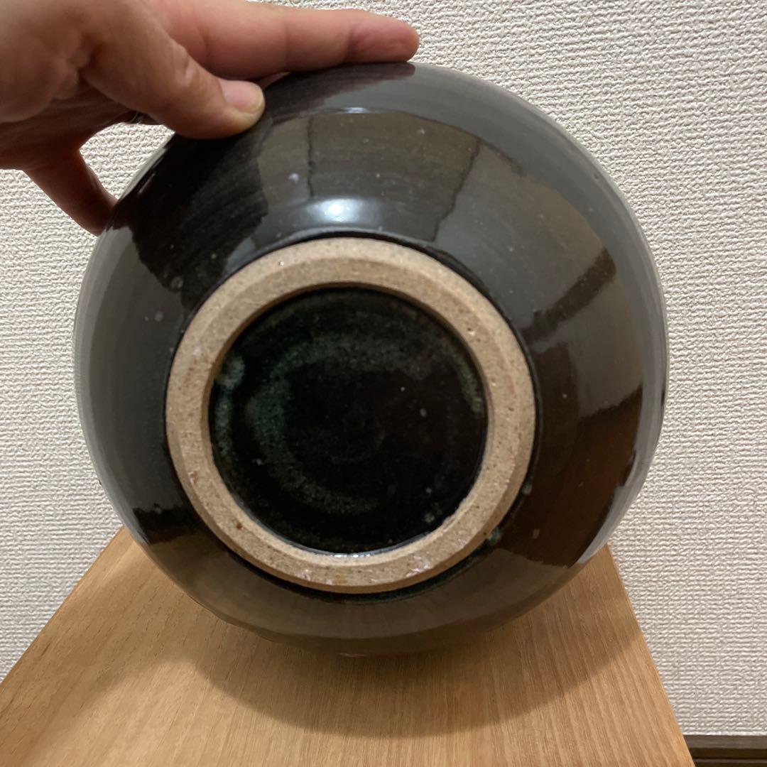 アンティーク 益子焼光沢丸型花瓶