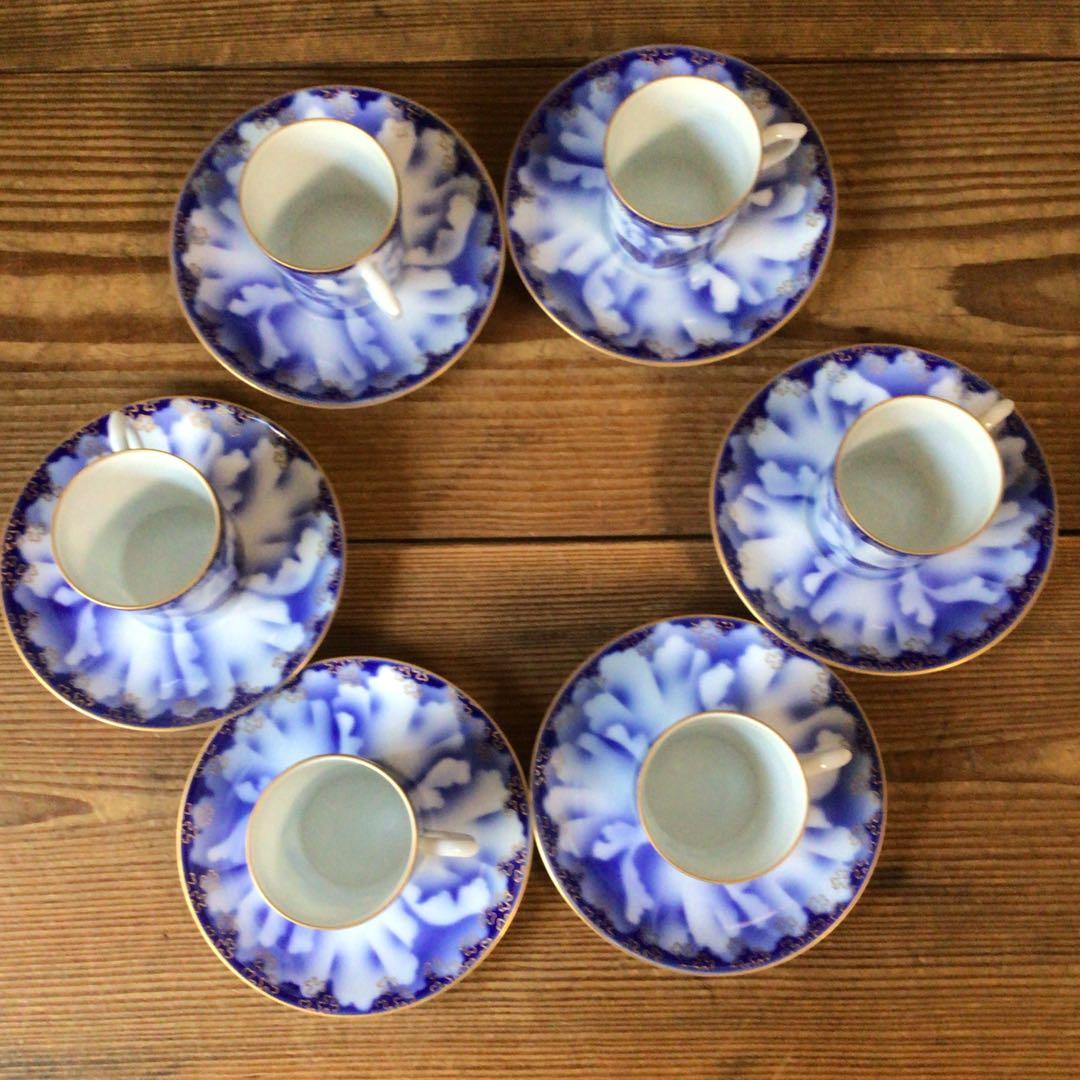 No4397 深川製　珈琲碗皿揃　牡丹金ミル　6客　共箱　有田焼　送料無料