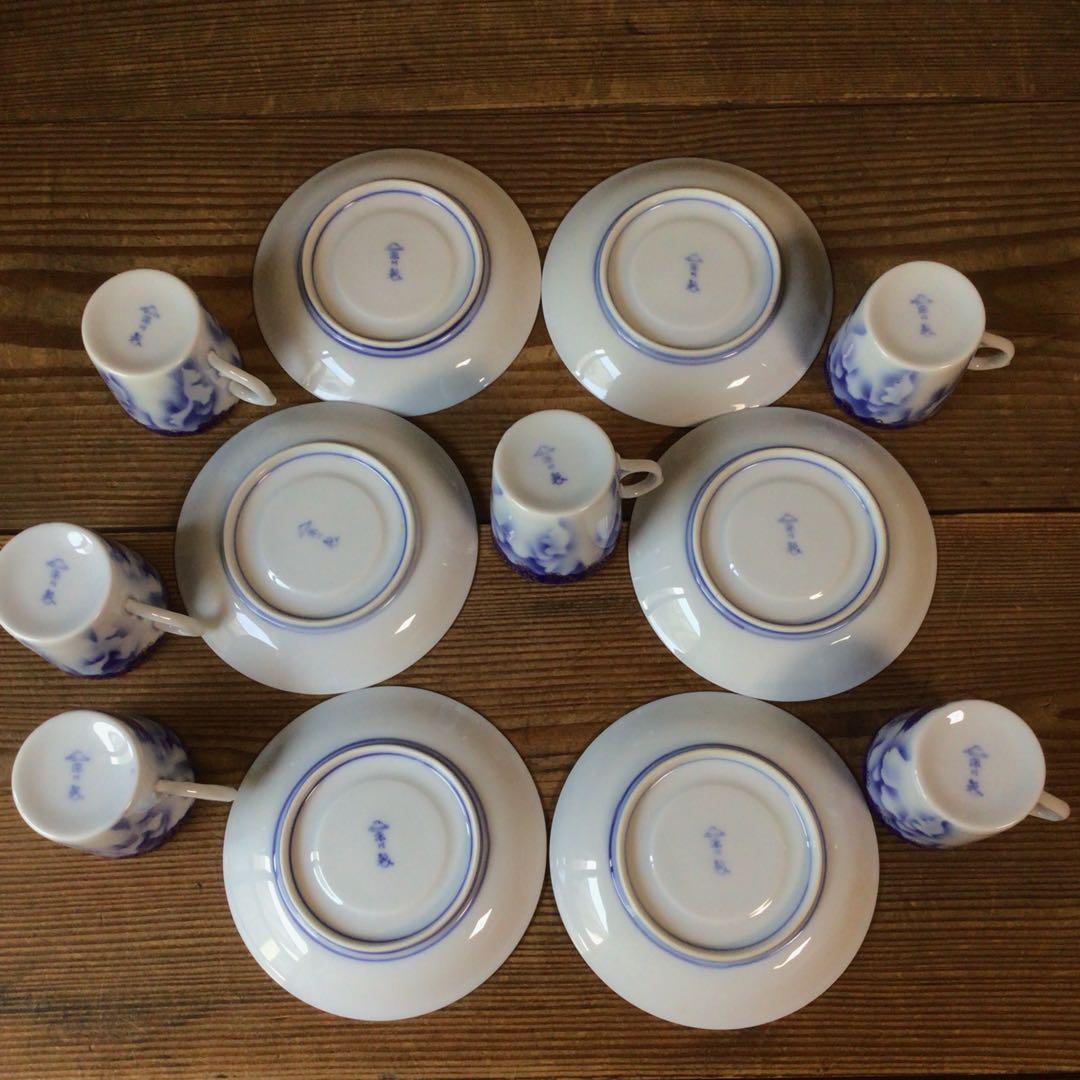 No4397 深川製　珈琲碗皿揃　牡丹金ミル　6客　共箱　有田焼　送料無料