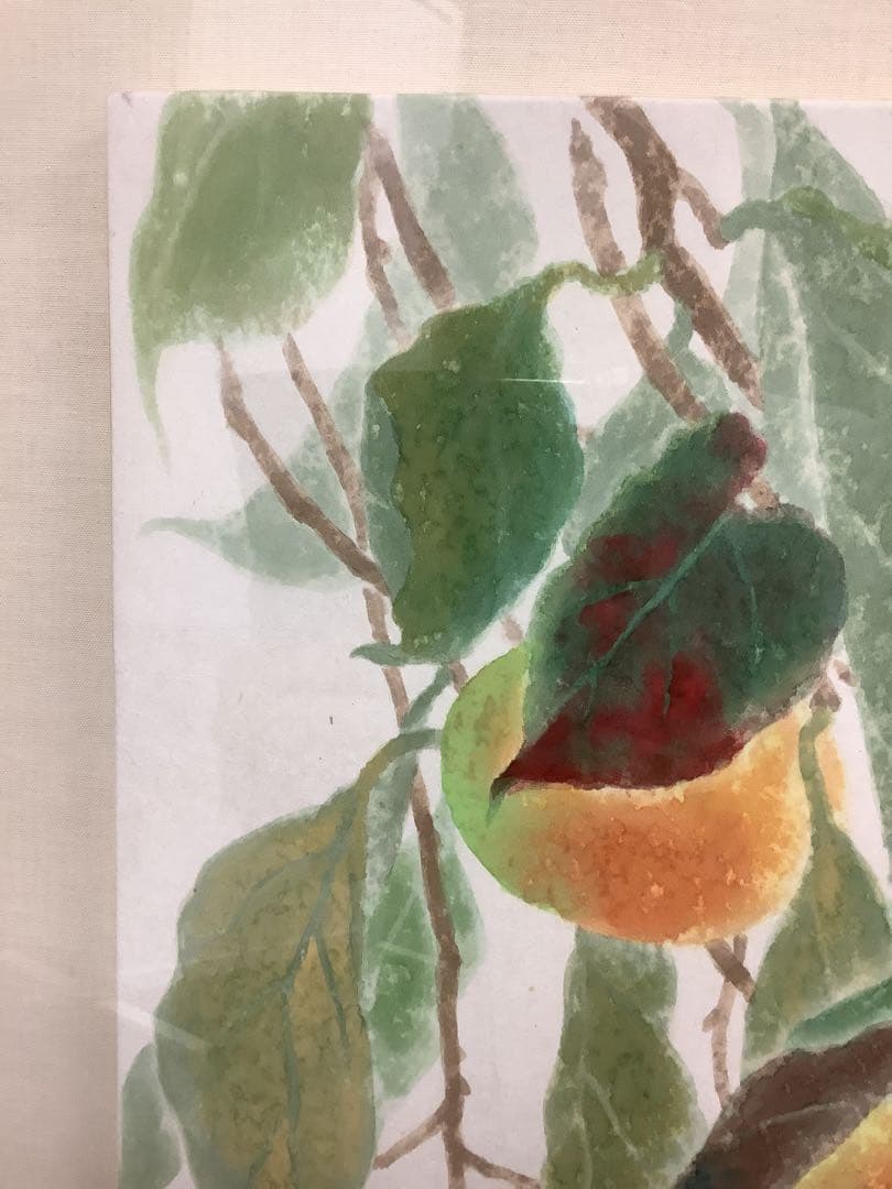 韓国製？ 大きいサイズの枝付き柿の絵画 幅約95cm 水彩画