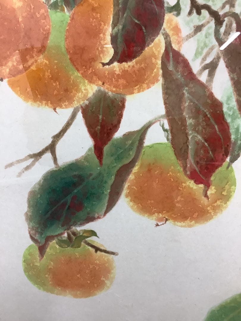 韓国製？ 大きいサイズの枝付き柿の絵画 幅約95cm 水彩画