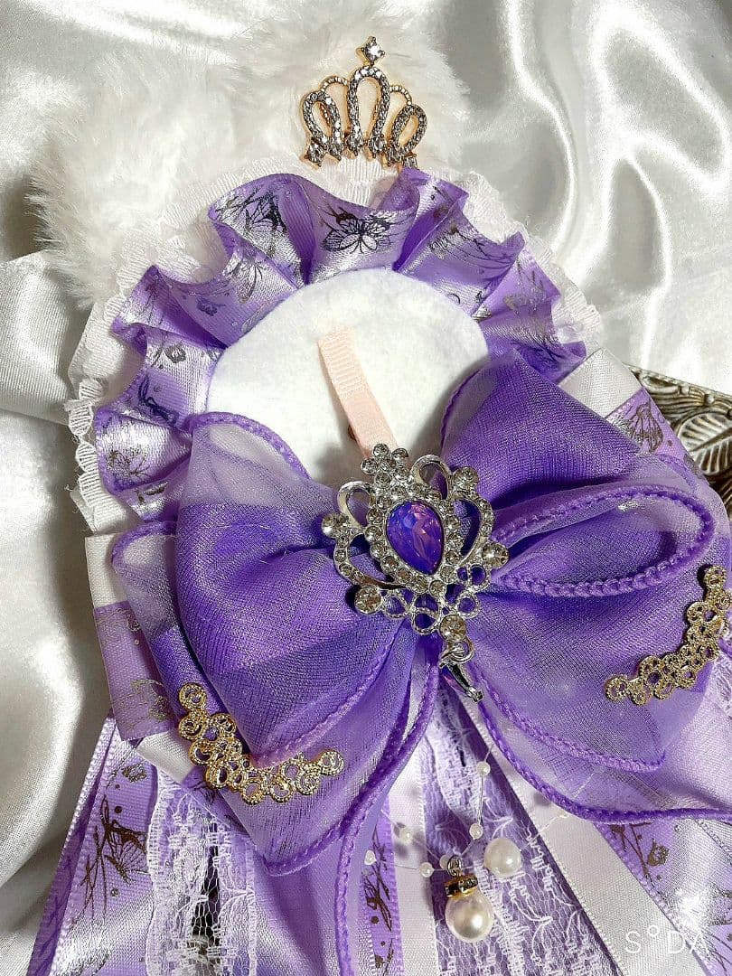 ❦ふわふわうさ耳痛ゴージャスロゼット❦蝶々グログラン白×紫×水色