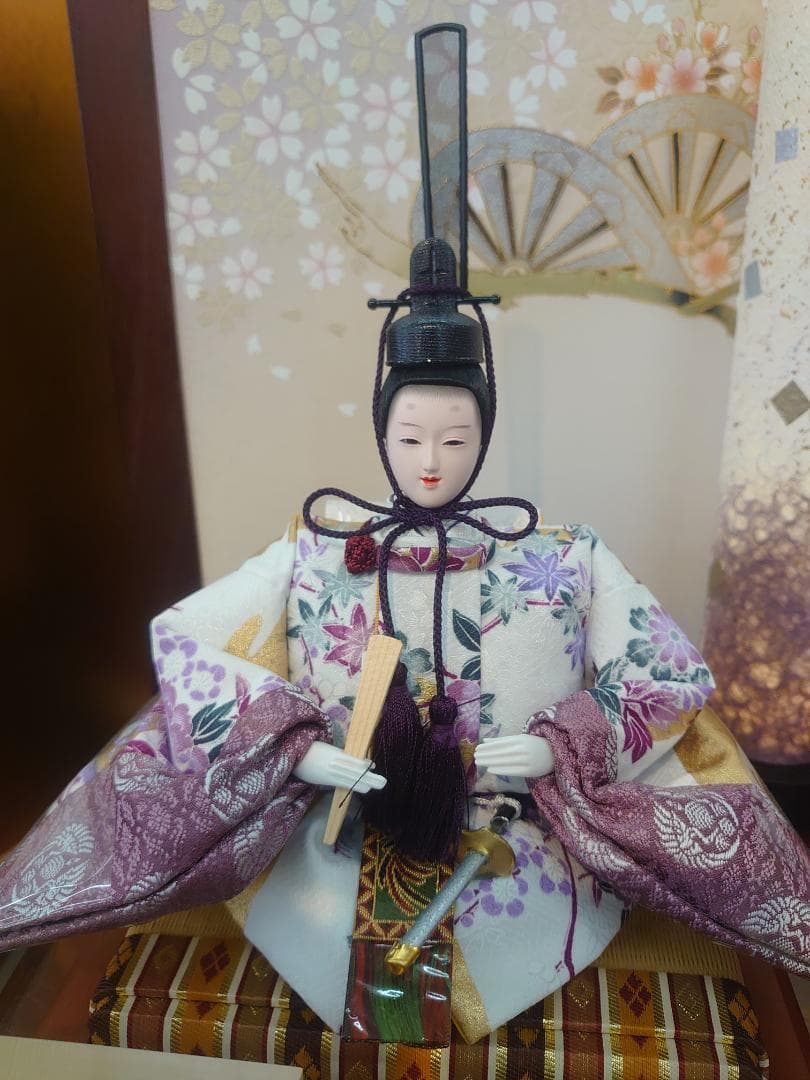 ●新品●収納式おひなさまフルセット●　金彩牡丹柄衣装飾り　和紙電気付き雪洞