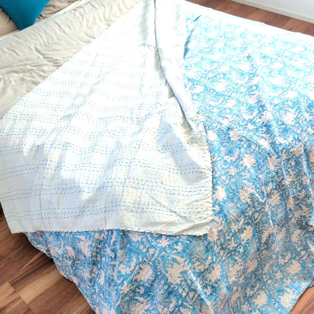 【L】花柄 ハンドブロックプリント カンタキルト ソファカバー ブルー 760